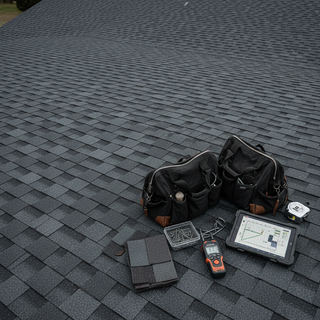A dramatic overhead view of a large residential roof mid-inspection, with neatly arranged dark toolbags, a digital tablet showing a roof diagram, and a moisture meter set carefully on intact shingles. Roofing nails, sample shingle pieces, and a tape measure are organized methodically on the roof’s surface, all in muted metallic and black tones. No people are visible, only the tools against the textured asphalt shingles. Captured in photographic realism from a high, slightly tilted angle, the cloudy sky casts a cool, diffused light, producing gentle shadows and emphasizing detail. The mood is meticulous and analytical, conveying a sense of thorough, professional evaluation and preparation for a fast, accurate estimate. The composition uses asymmetrical balance, with tools clustered in the lower right and empty roof space expanding into the frame.