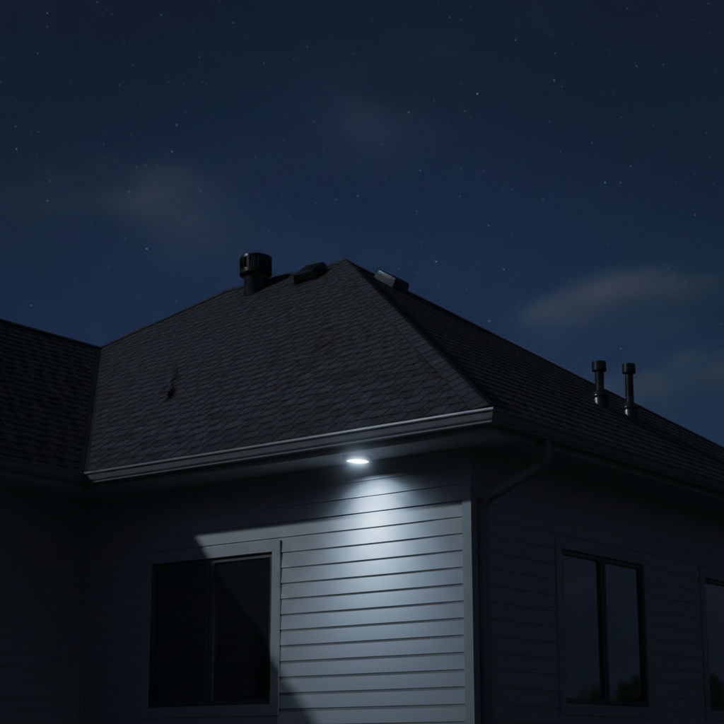 A striking night-time scene of a dark, newly roofed home exterior, illuminated by a single cool-white security light mounted under the eave. The deep charcoal shingles absorb most of the light, with subtle highlights tracing the ridgeline, vent boots, and metal flashing. The siding below, in muted gray tones, catches just enough light to reveal its smooth, uniform installation. The sky is a deep indigo with faint, blurred stars, adding to the dramatic atmosphere. Captured in photographic realism from a slightly low angle, the composition focuses on the roof and upper wall, with the rest of the property fading into shadow. The mood is protective, secure, and slightly cinematic, underscoring the idea of reliable roofing and siding safeguarding the home through the night.