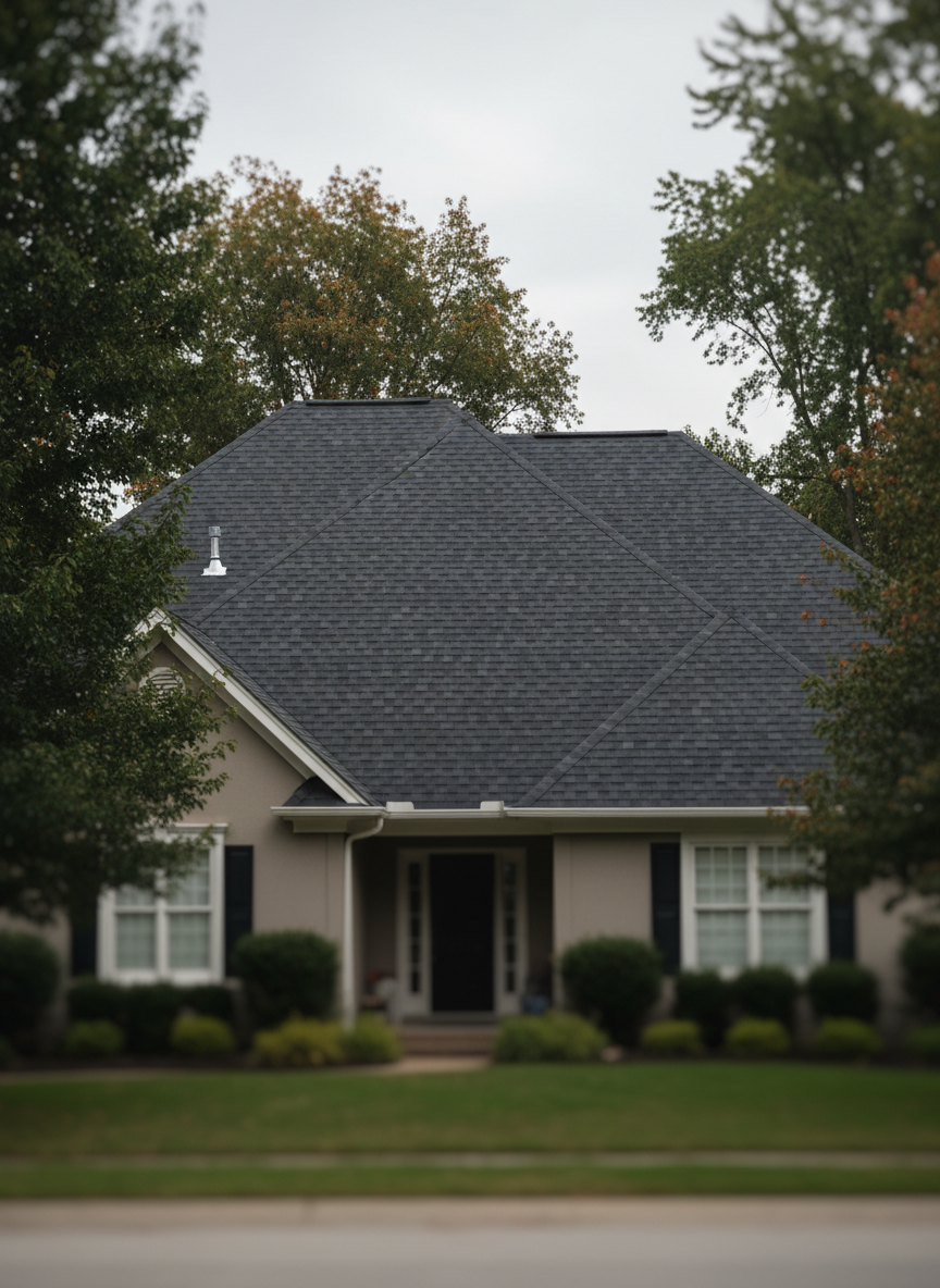 A freshly installed asphalt shingle roof in deep charcoal gray stretches across a neat suburban home, every shingle aligned in sharp, precise rows. The roof’s clean ridgelines and flashing details are crisp and flawless, with metal vents and ridge caps neatly integrated. Surrounding the home, mature trees and a tidy lawn fade softly out of focus. Captured at eye level from across the street with photographic realism, the late afternoon overcast sky creates diffused, even lighting that minimizes harsh shadows and highlights the uniform texture of the shingles. The mood is professional and dependable, with a slightly dark, dramatic atmosphere emphasizing durability and protection. Composition follows rule of thirds, with the roof dominating the upper frame and the home’s facade anchoring the lower portion in subtle focus.