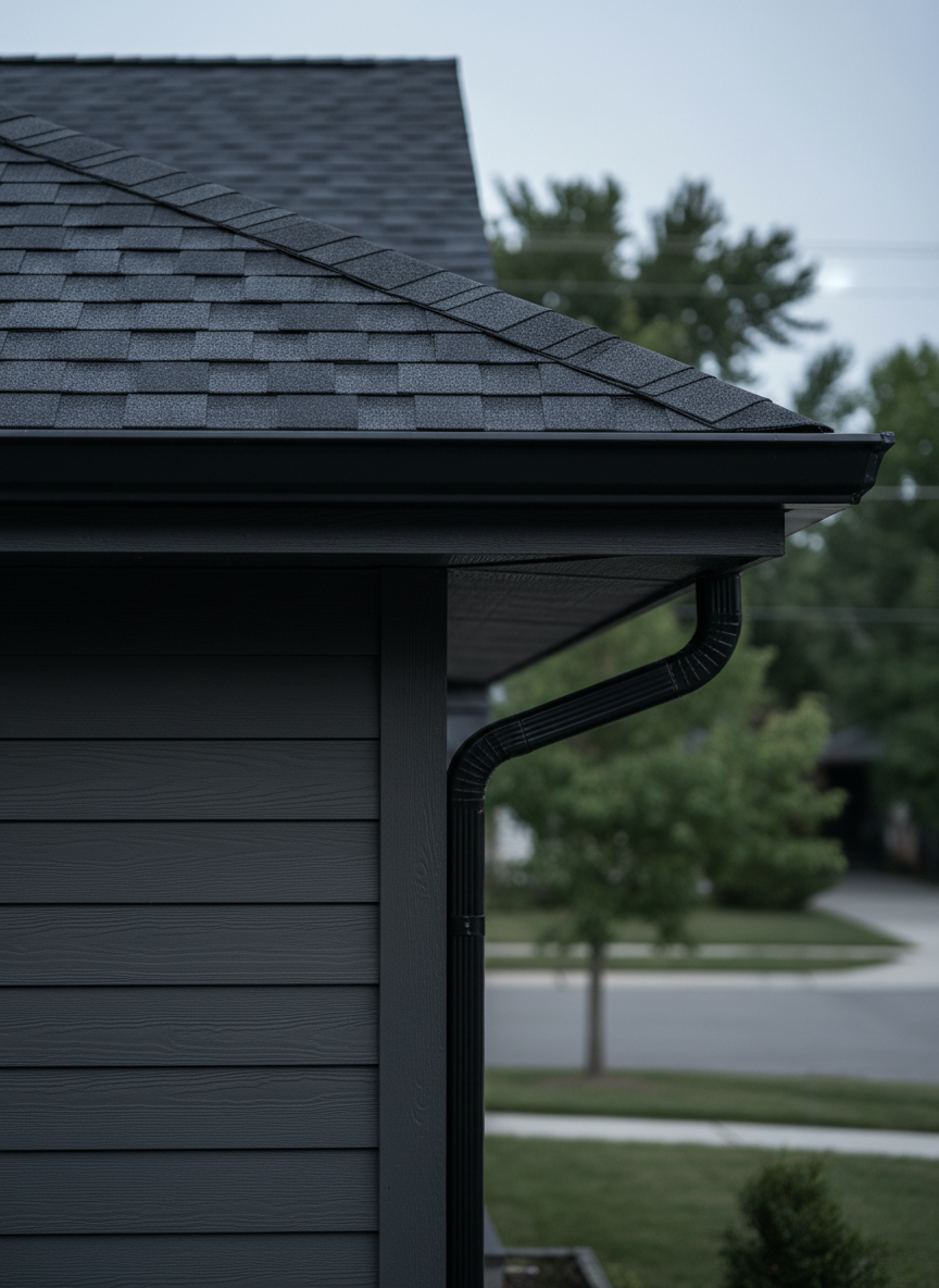 A partial view of a home’s exterior corner showcasing newly installed dark fiber cement siding and matching trim beneath a flawless asphalt shingle roof. The siding panels are perfectly aligned, their subtle woodgrain texture visible in the soft, angled light. Clean, sharp corner trim and neatly caulked seams create a refined edge where the siding meets the roofline. A modern black gutter system runs along the eave, its matte finish contrasting with the slight sheen of the shingles. Shot at eye level with photographic realism, in cool, late-day overcast lighting that produces a moody, professional feel, the background gently blurs into a quiet street and trees. The composition emphasizes the intersection of roof, siding, and guttering, communicating complete exterior protection and expert installation.